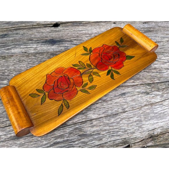 Vintage Wood Bread Serving Tray Carved Red Roses - Picture 1 of 13